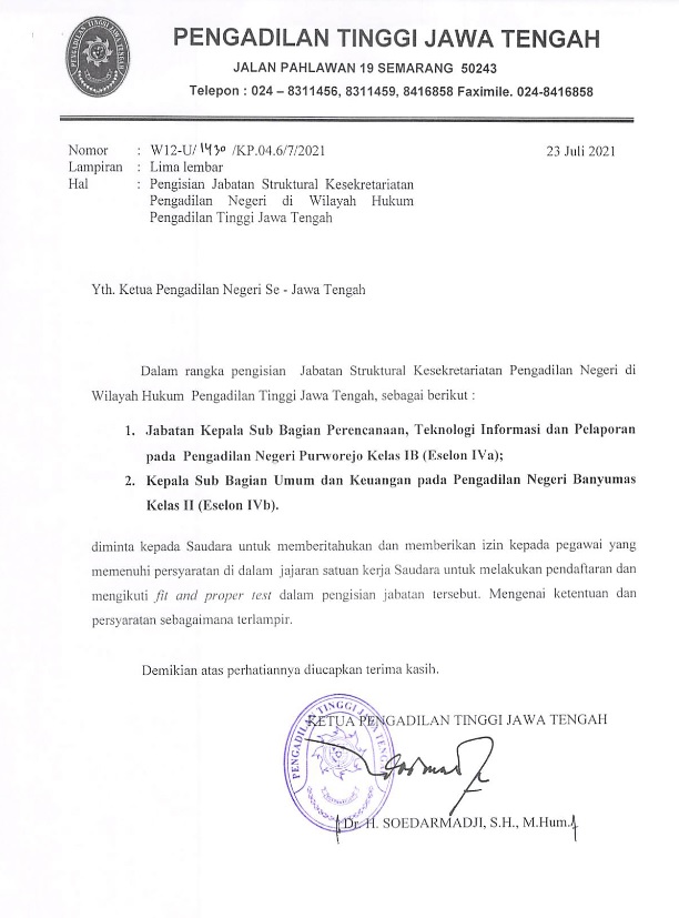 Lelang Jabatan Struktural Kesekretariatan PN Purworejo dan PN Banyumas